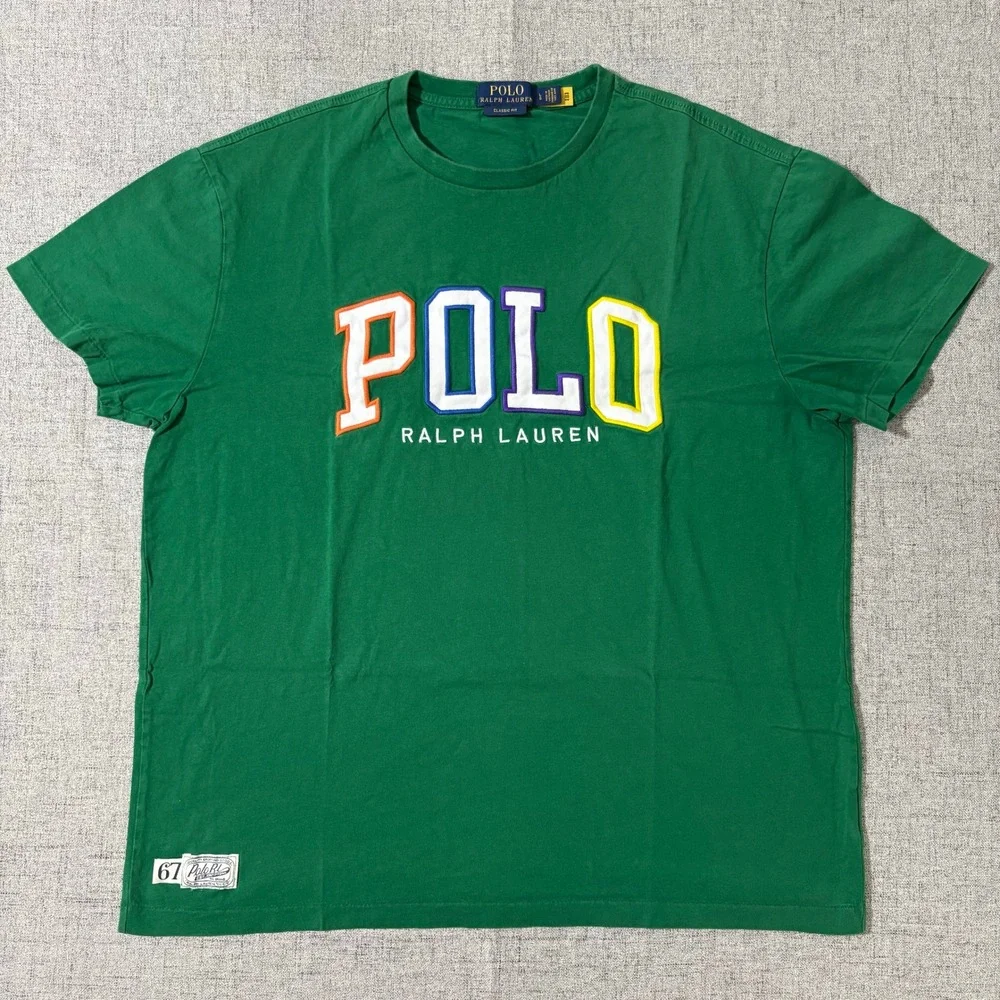 Polo Ralph Lauren Tshirt Men Large Classic Fit Green Graphic Stitched Rainbow
